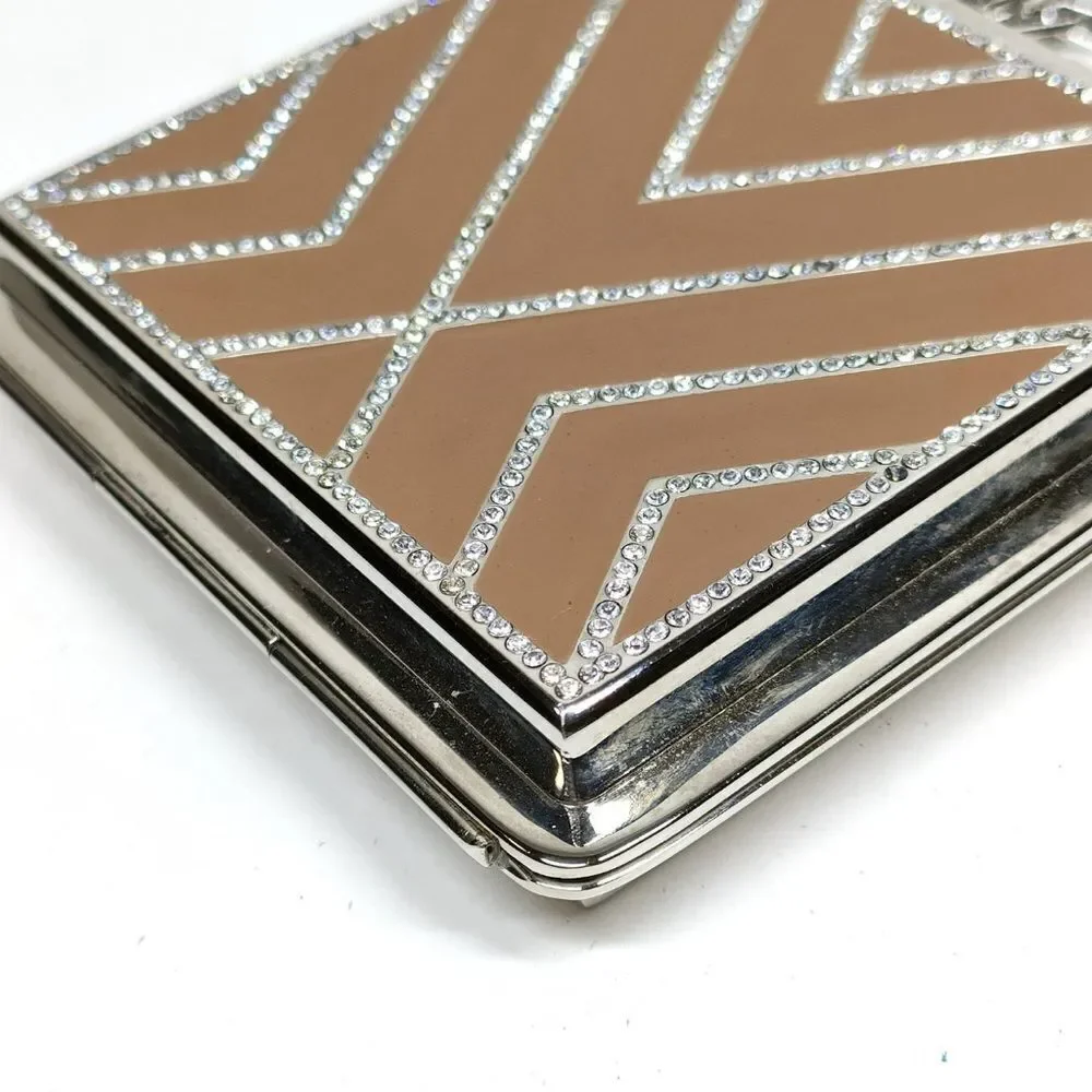 Auth Valentino Garavani Tan Enamel Rhinestone Geometric Clutch Minaudière Chain